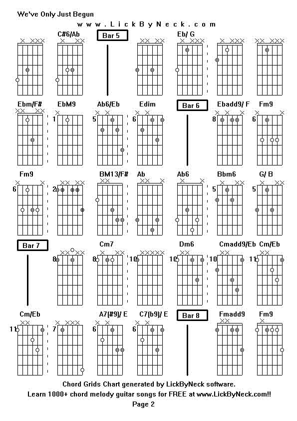 Chord Grids Chart of chord melody fingerstyle guitar song-We've Only Just Begun,generated by LickByNeck software.
